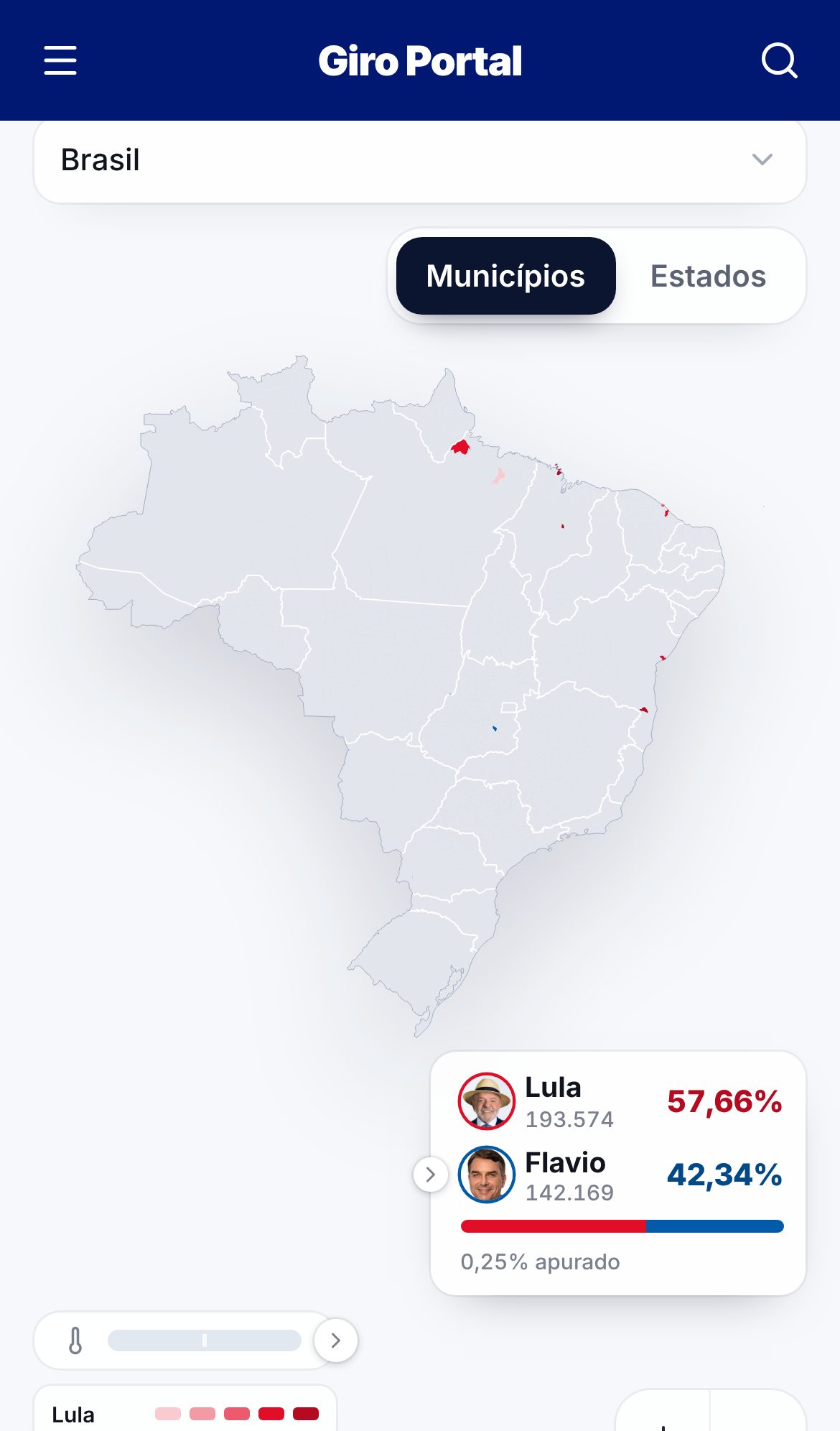 Página de apuração aberta no celular, com o mapa e o placar resumido